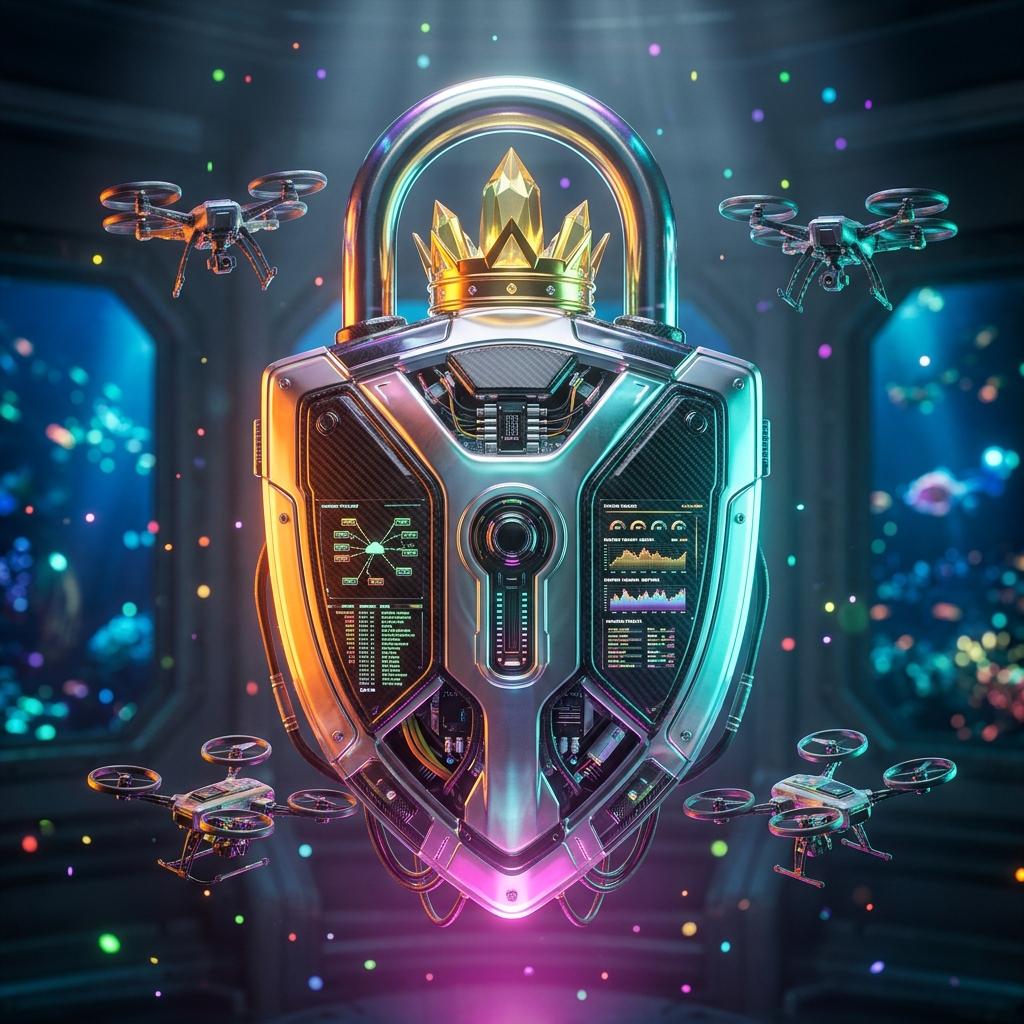 NetPulse Command — Network & Server Monitoring — Monitoring category hero — glowing digital shield / padlock / crown / crystal object at the frame center, protected by hovering tech drones in deep-sea research bay with bulkhead windows onto a bioluminescent ocean