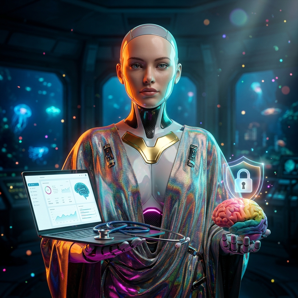 NeuroClinic Flow — Clinical Operations Console — Medical Records category hero — elegant fashion-forward android in flowing reflective couture fabric, editorial pose in deep-sea research bay with bulkhead windows onto a bioluminescent ocean