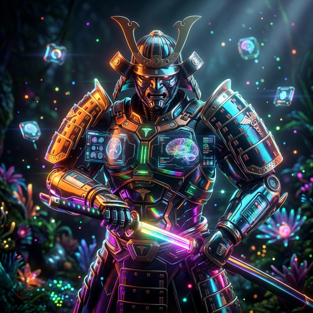 NeuroClinic Flow | Neurology Practice Command — Medical Services category hero — majestic samurai-styled mech in lacquered armor with neon under-glow, katana of light in hand in alien jungle biome with glowing flora and floating tech artifacts