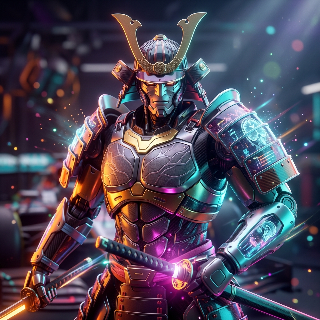 NeuroFlow Studio — Neurological Practice Command — Health category hero — majestic samurai-styled mech in lacquered armor with neon under-glow, katana of light in hand in Formula-1 style pit garage with saturated color lighting and mechanical detail