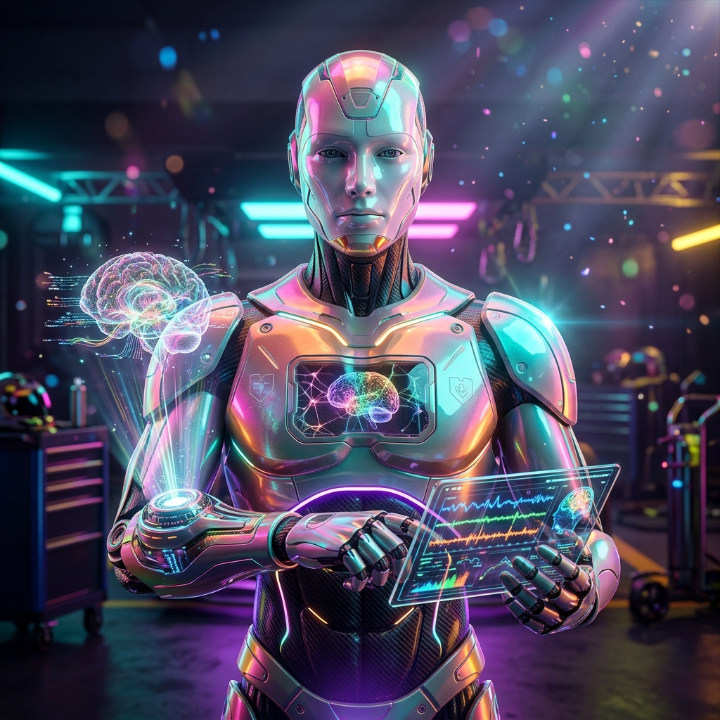 NeuroFlow Studio | Neurology Clinic Command — Medical Services category hero — sleek sports-car-inspired bipedal android mid-motion, carbon-fiber musculature and glowing accent lines in Formula-1 style pit garage with saturated color lighting and mechanical detail