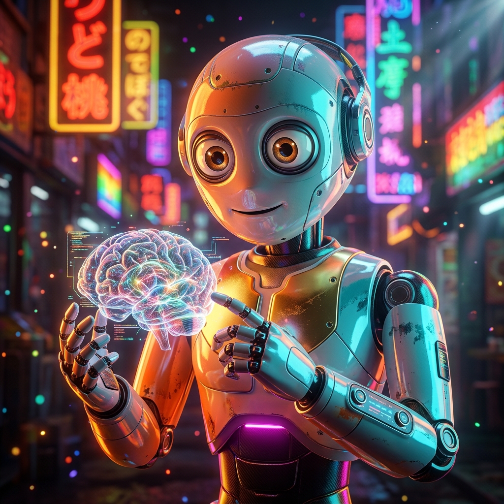 NeuroLedger — Episode & Seizure Intelligence Terminal — 3D Modeling category hero — friendly Pixar-quality mascot robot with big expressive optical eyes, holding an object that represents the category in Blade-Runner-style noodle-shop alley with dense neon signage in the background