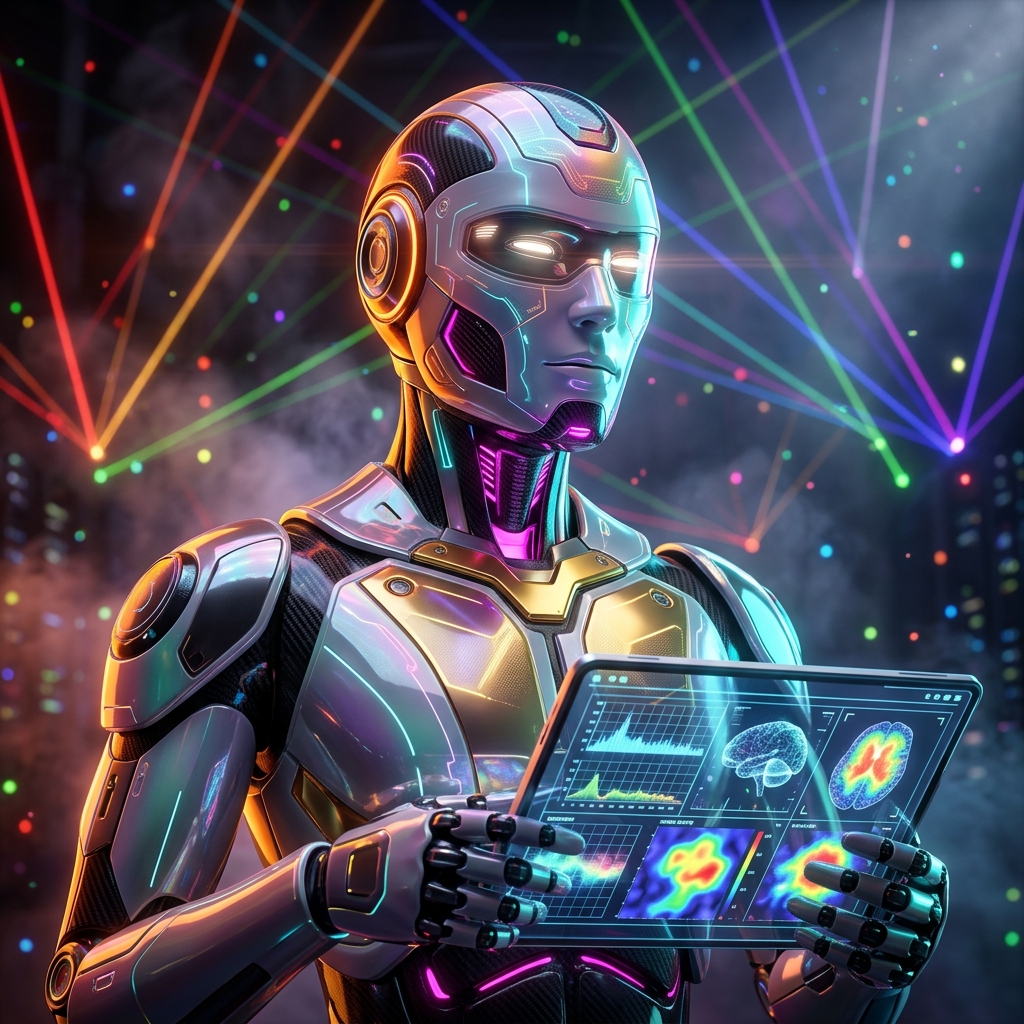 NeuroTrack Command — Neurological Episode & Field Operations Gri — Digital Health category hero — hyper-detailed humanoid robot with glossy plating and glowing visor eyes, striking a confident hero pose in the center of the frame in underground rave-like data cathedral with laser beams cutting through smoke