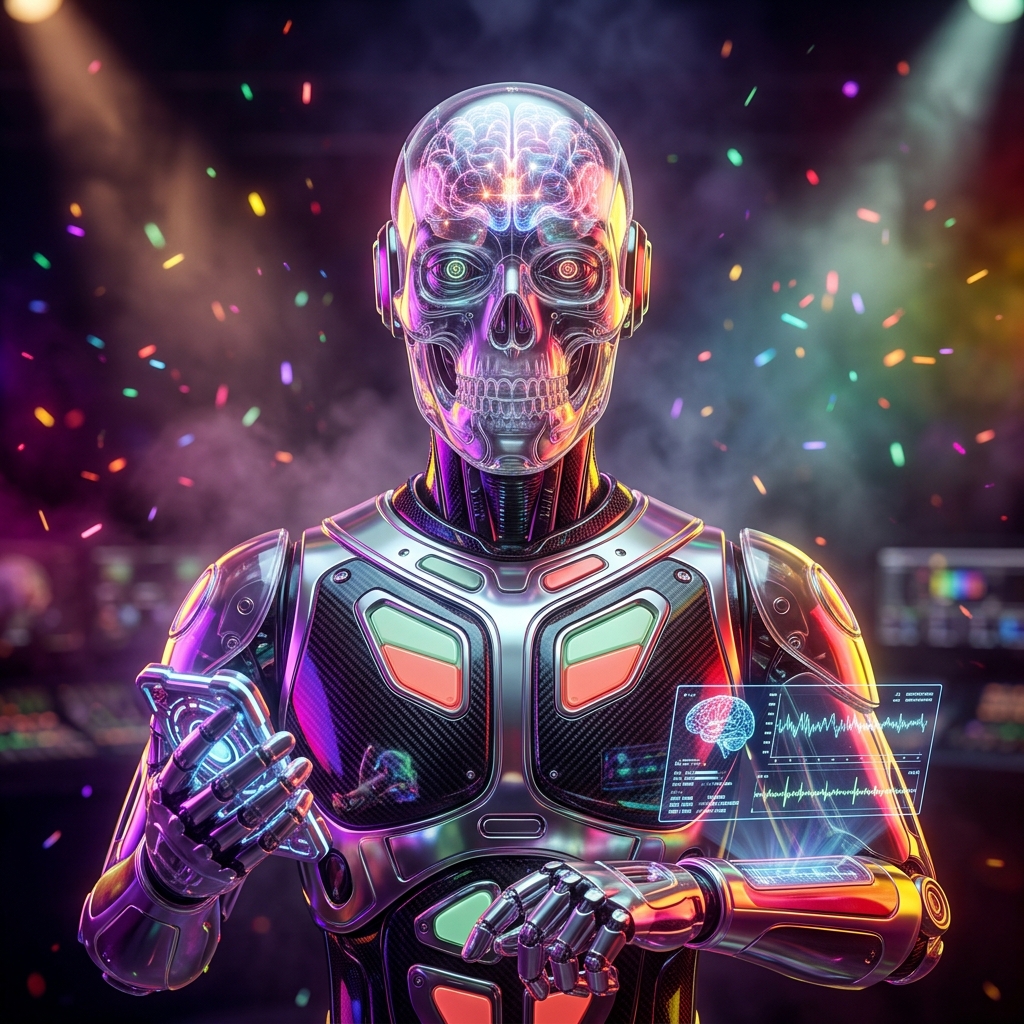 NeuroTrack Studio — Episode & Production Command — Health category hero — translucent glass humanoid figure with a glowing neural-network brain visible inside its head in dark cinematic stage with dramatic spotlights streaming down and a hazy atmospheric fog