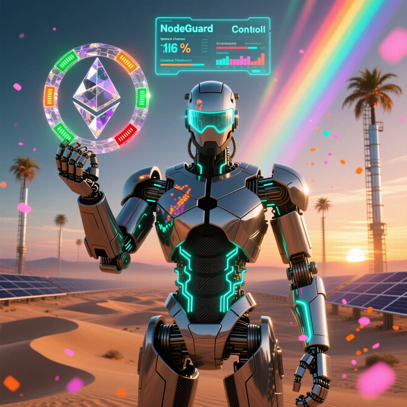 NodeGuard Console — Web3 Engineering Reliability — Web3 category hero — heavily armored guardian robot holding a symbolic emblem of the category with both hands in desert solar farm at magic hour with reflective sand and towering chrome pylons