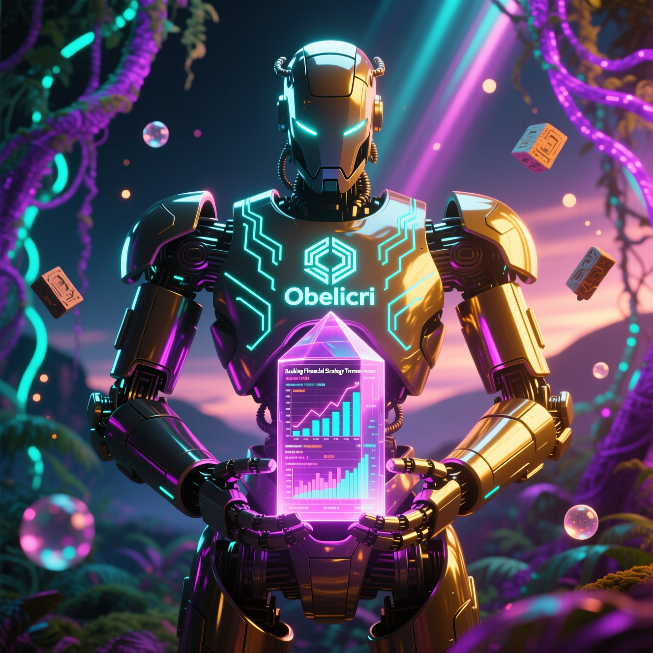 Obelisk — Booking Financial Strategy Terminal — Booking category hero — heavily armored guardian robot holding a symbolic emblem of the category with both hands in alien jungle biome with glowing flora and floating tech artifacts