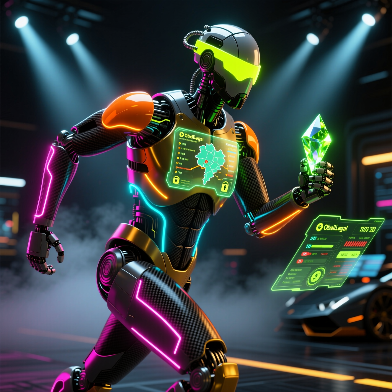 ObeliskLegal — Legal Matter Atlas & Deadline Cockpit — Business category hero — sleek sports-car-inspired bipedal android mid-motion, carbon-fiber musculature and glowing accent lines in dark cinematic stage with dramatic spotlights streaming down and a hazy atmospheric fog