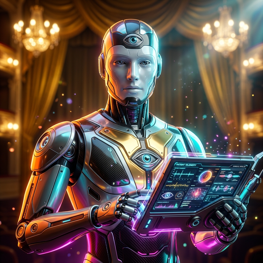 OcuCommand | Ophthalmology Mission Cockpit โ Medical Records category hero โ sci-fi wizard robot with a floating spellbook of holographic glyphs and light particles in golden-lit theater interior with heavy velvet curtains and cinematic chandeliers