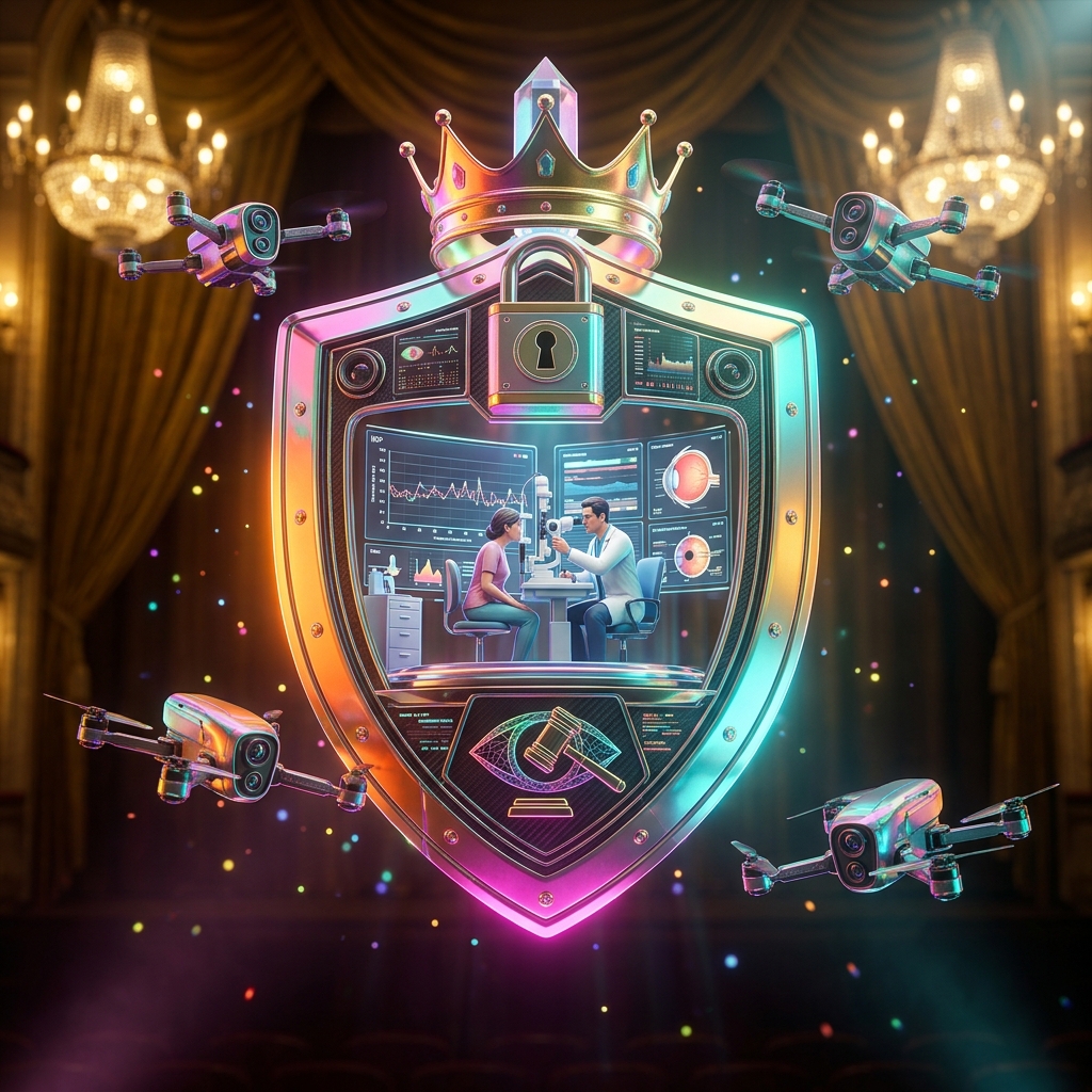 OculusCourt · Ophthalmology Practice Atlas — Medical Services category hero — glowing digital shield / padlock / crown / crystal object at the frame center, protected by hovering tech drones in golden-lit theater interior with heavy velvet curtains and cinematic chandeliers