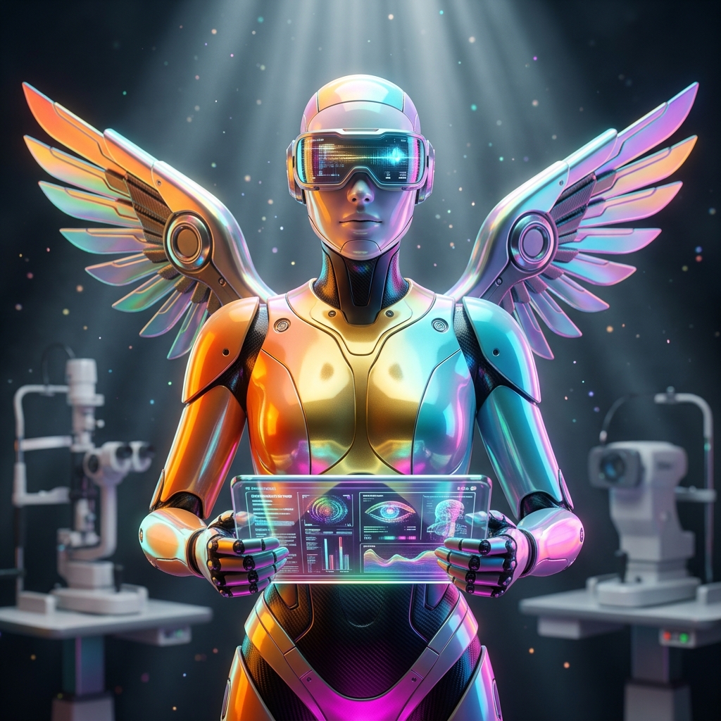 OculusGrid Console | VisionClinic Suite — Medical Services category hero — courier-style android with iridescent wings unfurled, mid-flight silhouette against the environment in dark cinematic stage with dramatic spotlights streaming down and a hazy atmospheric fog