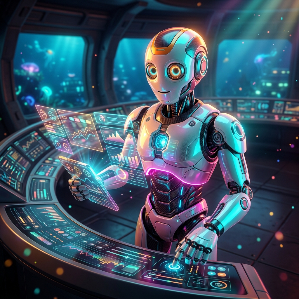 OddsCommand — Mission Control for Sports Betting Analytics — Betting category hero — friendly Pixar-quality mascot robot with big expressive optical eyes, holding an object that represents the category in deep-sea research bay with bulkhead windows onto a bioluminescent ocean