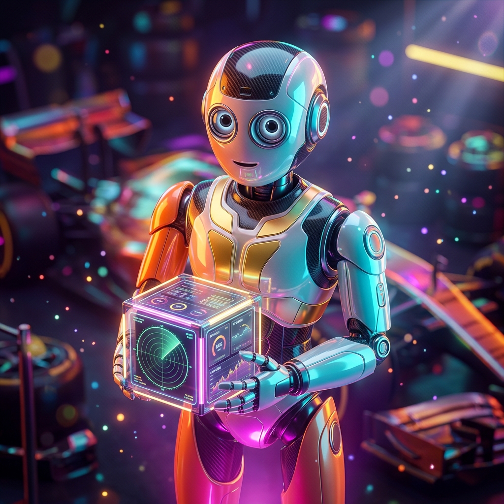 OddsForm Tactical Console — Betting category hero — friendly Pixar-quality mascot robot with big expressive optical eyes, holding an object that represents the category in Formula-1 style pit garage with saturated color lighting and mechanical detail