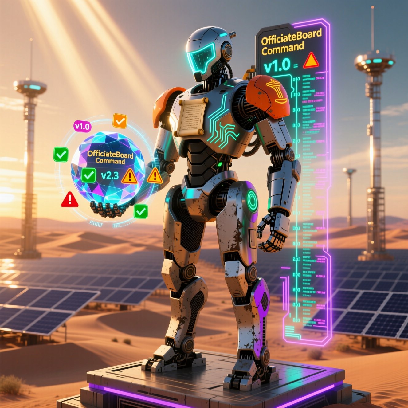 OfficiateBoard Command — Tournament Referee Compliance Ledger — Version Control category hero — heavily armored guardian robot holding a symbolic emblem of the category with both hands in desert solar farm at magic hour with reflective sand and towering chrome pylons