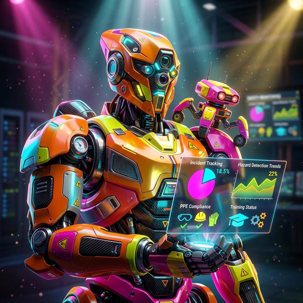 OHS Atlas — Occupational Health & Safety Command — Health category hero — duo of contrasting robots — one large hero mech and a small companion droid — composed cinematically in dark cinematic stage with dramatic spotlights streaming down and a hazy atmospheric fog