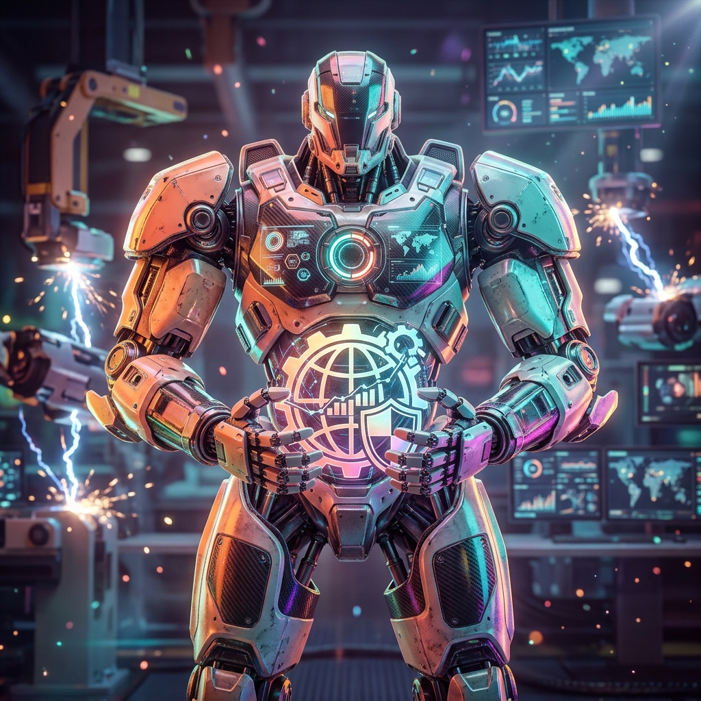 OikosCommand — Business Mission Control — Business Management category hero — heavily armored guardian robot holding a symbolic emblem of the category with both hands in magnetic-levitation factory floor with sparking arcs of electricity and machinery