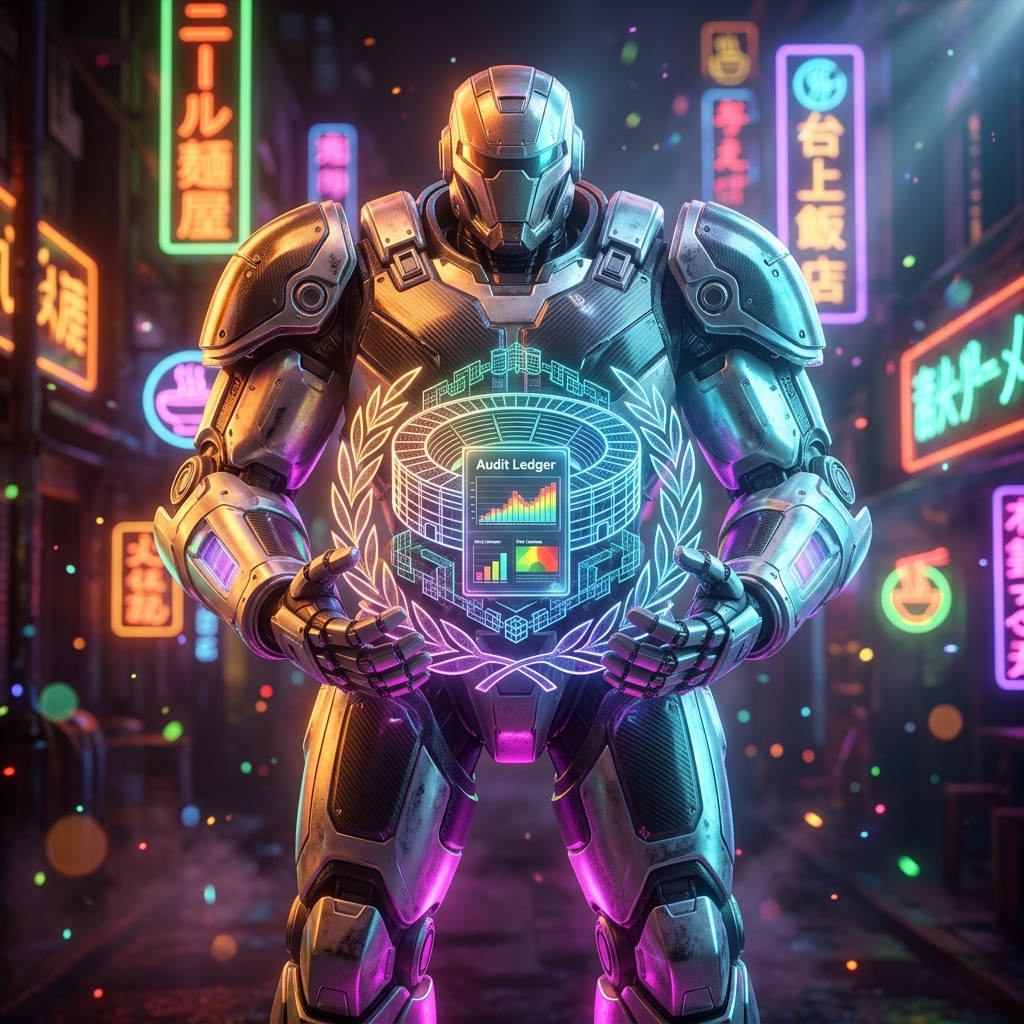 OlympiaAudit | Compliance Intelligence Ledger for Sports — Sports category hero — heavily armored guardian robot holding a symbolic emblem of the category with both hands in Blade-Runner-style noodle-shop alley with dense neon signage in the background