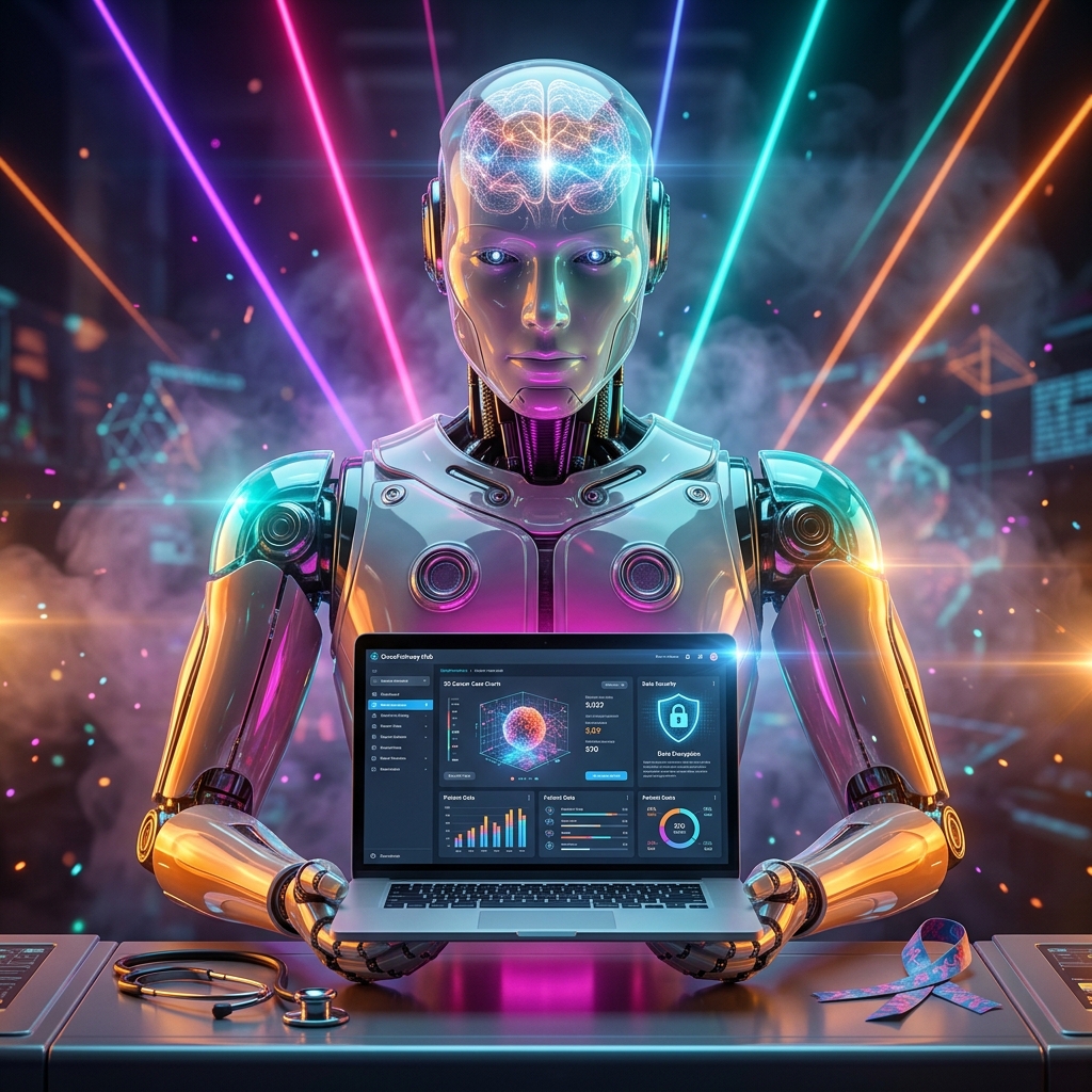OncoPathway Hub | Multidisciplinary Cancer Case Console — Medical Services category hero — translucent glass humanoid figure with a glowing neural-network brain visible inside its head in underground rave-like data cathedral with laser beams cutting through smoke