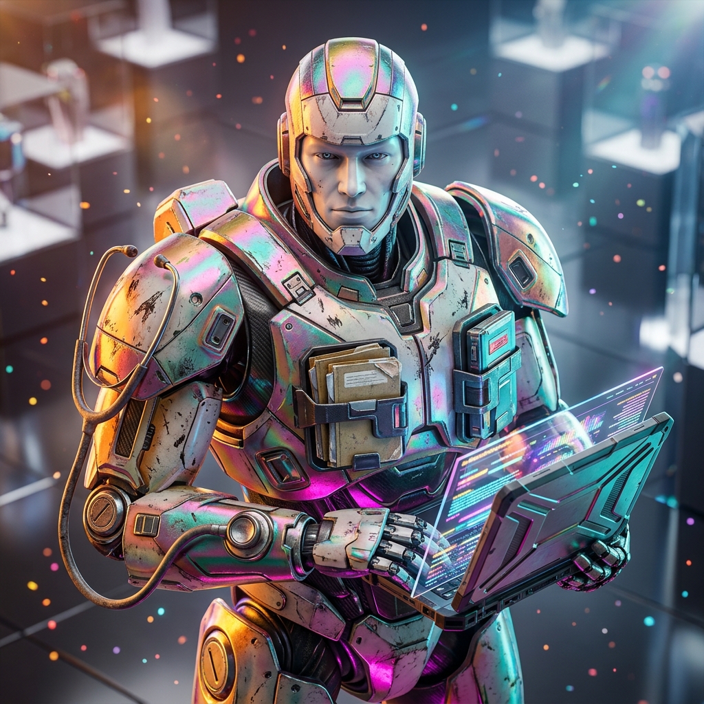 OncoPathway Hub — Multidisciplinary Oncology Command — Medical Records category hero — war-worn but heroic mech pilot robot with painted panels, weathered detail, cinematic hero lighting in chrome-and-glass showroom with mirrored floor and rim-lit product staging