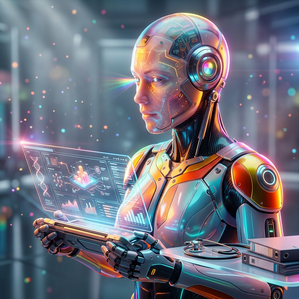 OncoPathway Hub — Unified Registry — Medical Services category hero — cinematic cyborg character seen in three-quarter profile, exposed circuitry glowing beneath translucent skin, intense neon rim light in chrome-and-glass showroom with mirrored floor and rim-lit product staging