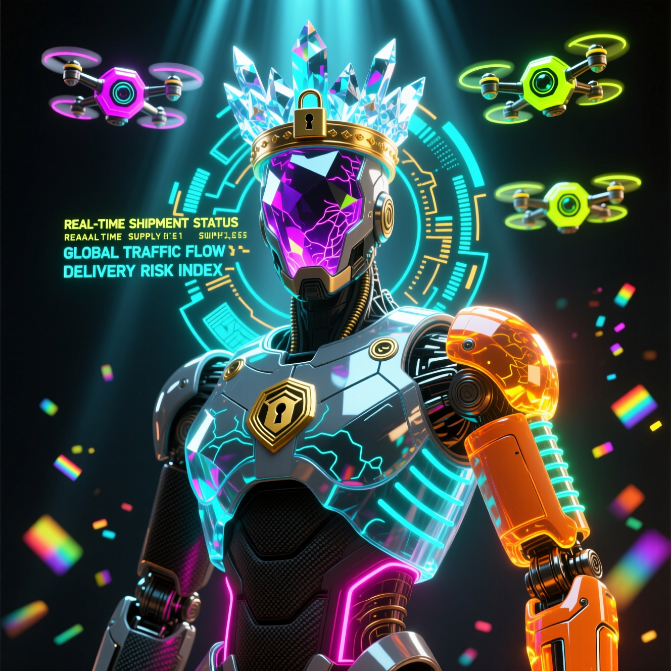 ONYXSIGHT — Supply Chain Neural Board — Shipping & Logistics category hero — glowing digital shield / padlock / crown / crystal object at the frame center, protected by hovering tech drones in Blade-Runner-style noodle-shop alley with dense neon signage in the background