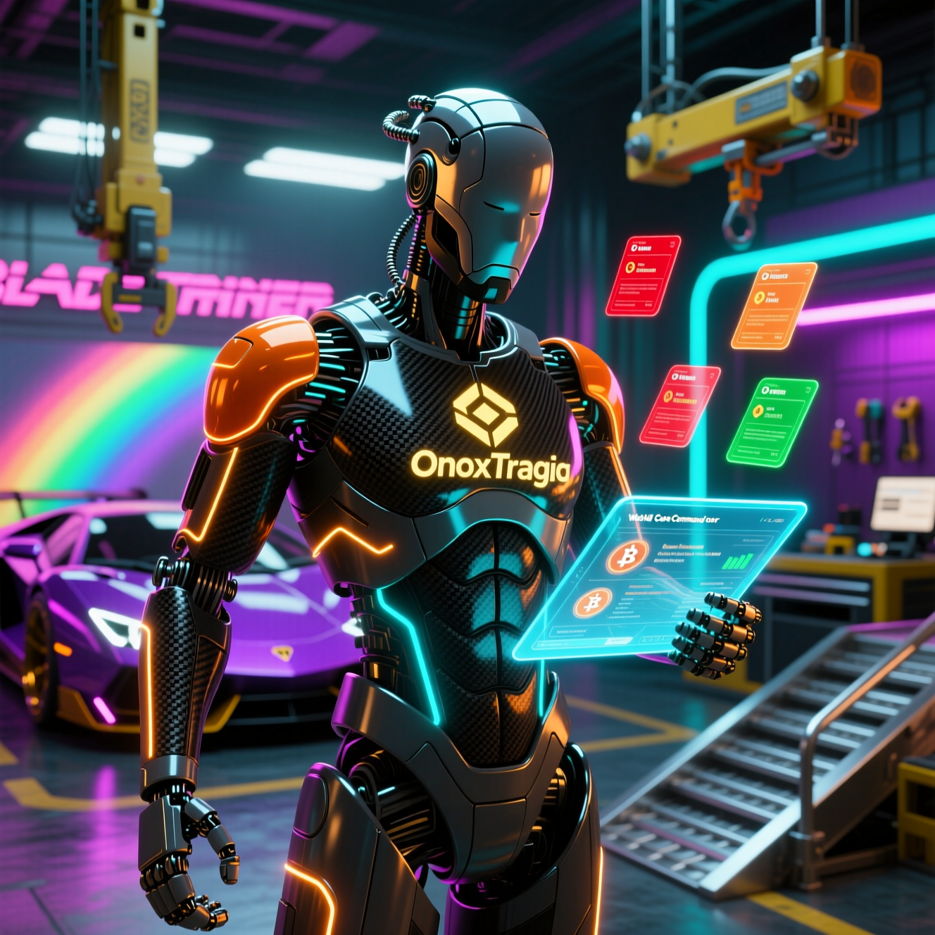 OnyxTriage — Web3 Case Command Center — Web3 category hero — sleek sports-car-inspired bipedal android mid-motion, carbon-fiber musculature and glowing accent lines in Formula-1 style pit garage with saturated color lighting and mechanical detail
