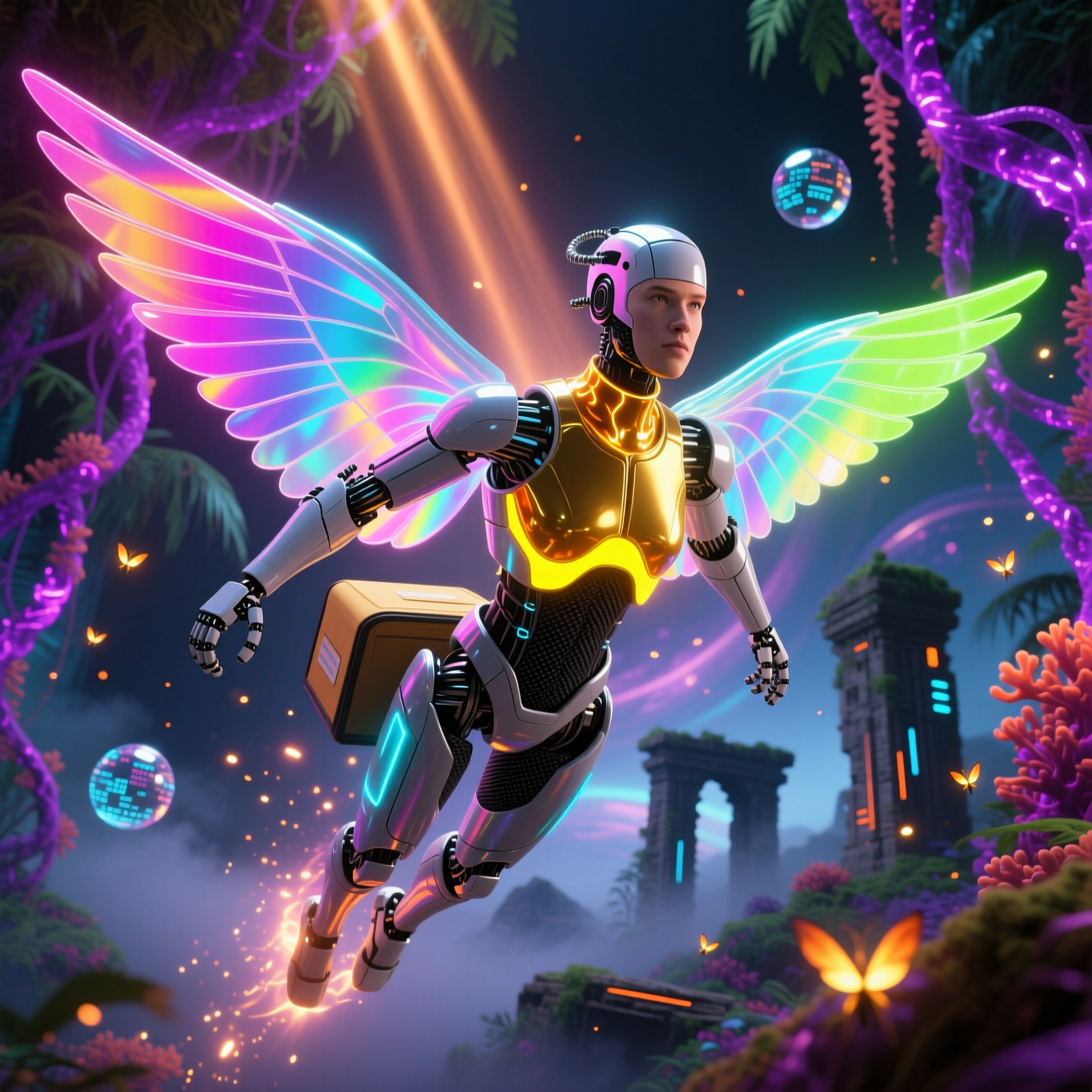 OpaciGuard — Contrast Safety & QA Command Board — Version Control category hero — courier-style android with iridescent wings unfurled, mid-flight silhouette against the environment in alien jungle biome with glowing flora and floating tech artifacts