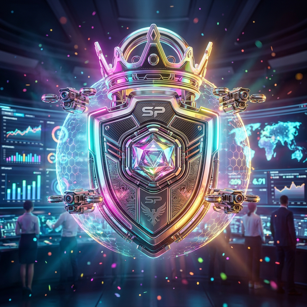 Operational Cockpit | StratosPilot — Business Command OS — Business Management category hero — glowing digital shield / padlock / crown / crystal object at the frame center, protected by hovering tech drones in futuristic control room with massive glowing holographic screens and volumetric light rays