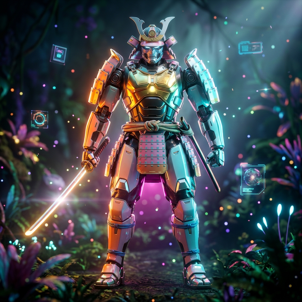 OPS//PULSE — Mission Control Cockpit — Business Management category hero — majestic samurai-styled mech in lacquered armor with neon under-glow, katana of light in hand in alien jungle biome with glowing flora and floating tech artifacts
