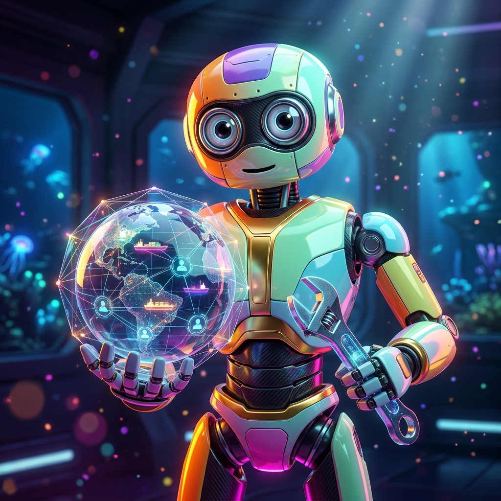 OpsGrid — Global Business Field Operations — Global Business & Corporate Services category hero — friendly Pixar-quality mascot robot with big expressive optical eyes, holding an object that represents the category in deep-sea research bay with bulkhead windows onto a bioluminescent ocean