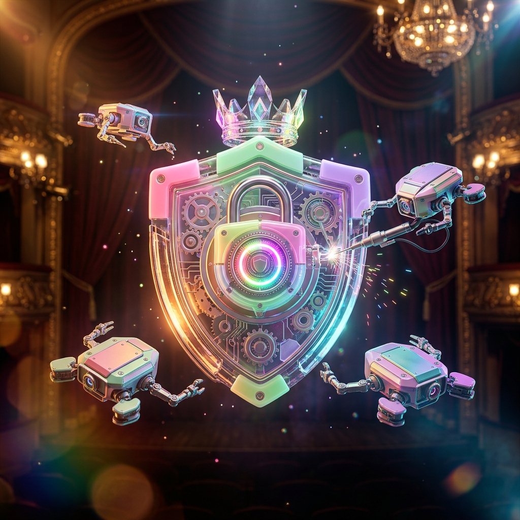 OpsOrchestra | Automation Mission Control β Automation category hero β glowing digital shield / padlock / crown / crystal object at the frame center, protected by hovering tech drones in golden-lit theater interior with heavy velvet curtains and cinematic chandeliers