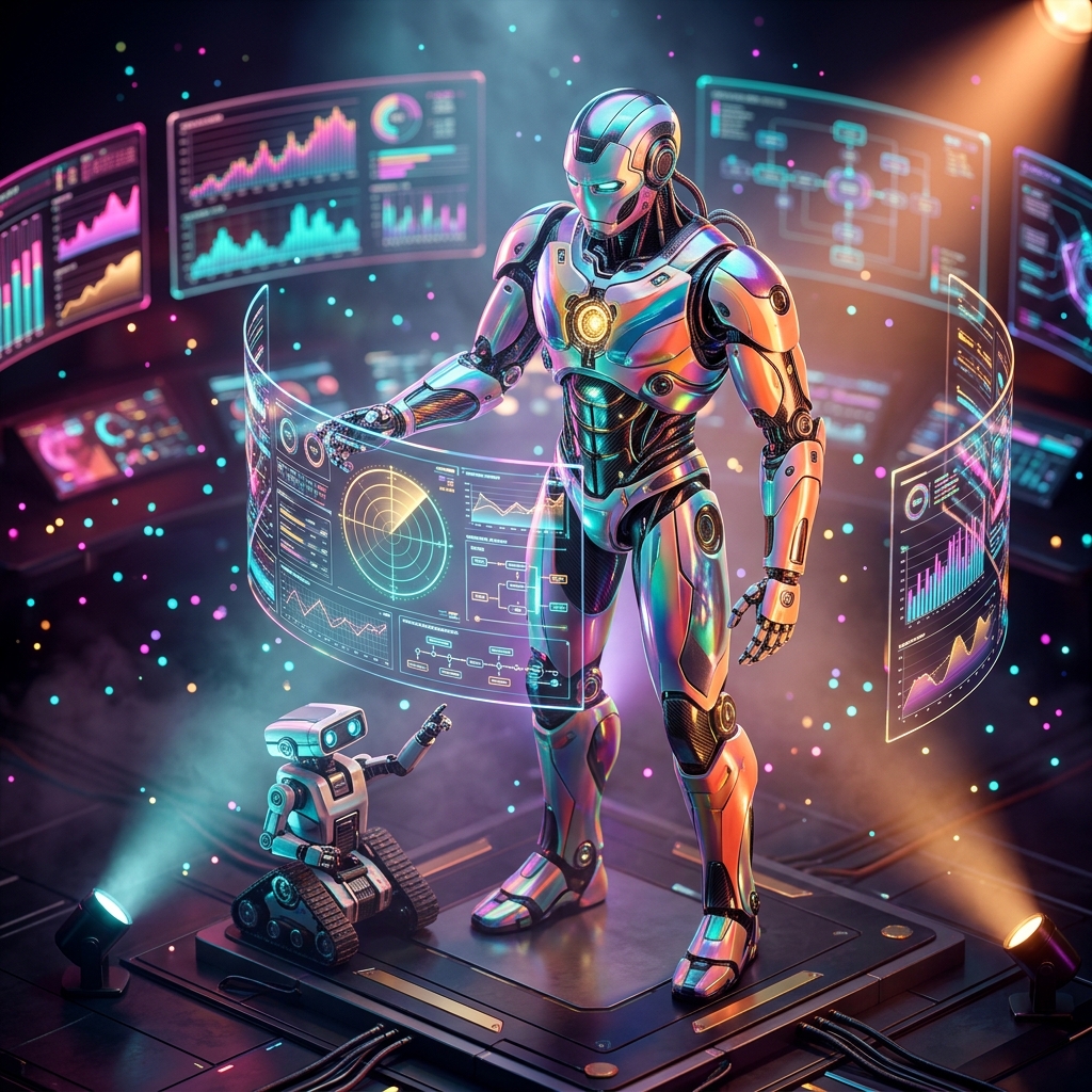 OpsOrchestra — Automation Mission Control — Automation category hero — duo of contrasting robots — one large hero mech and a small companion droid — composed cinematically in dark cinematic stage with dramatic spotlights streaming down and a hazy atmospheric fog