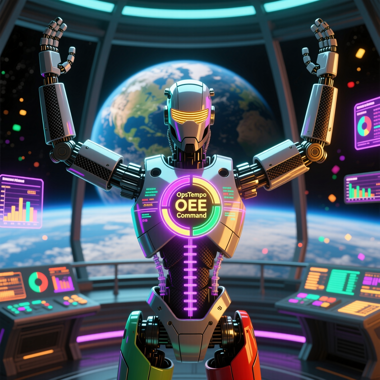 OpsTempo OEE Command — Production Shift Control Cockpit — Art category hero — heavily armored guardian robot holding a symbolic emblem of the category with both hands in orbital space station observation deck with a planet glowing outside the panoramic window
