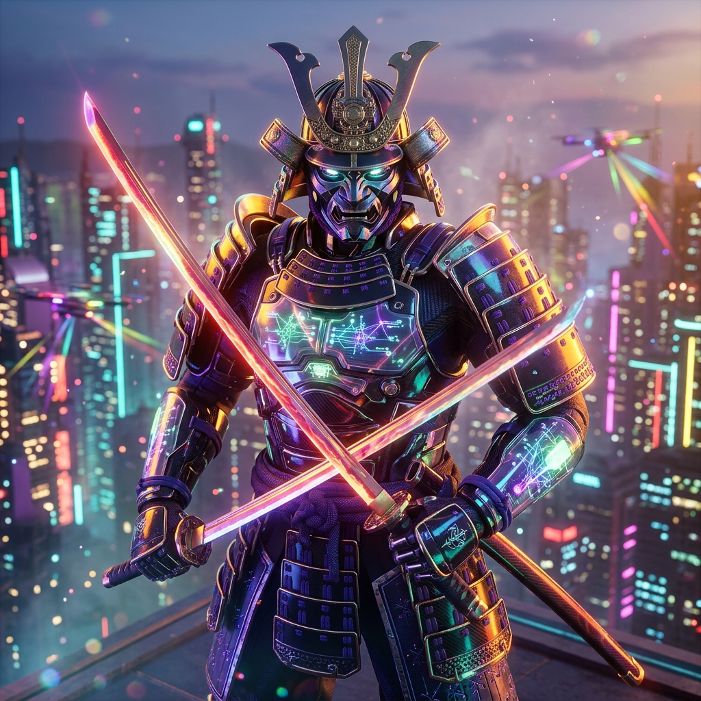 OptiChain Command | Supply Chain Neural Board — Fitness category hero — majestic samurai-styled mech in lacquered armor with neon under-glow, katana of light in hand in rooftop overlooking a neon megacity skyline at dusk, drones flying in the distance