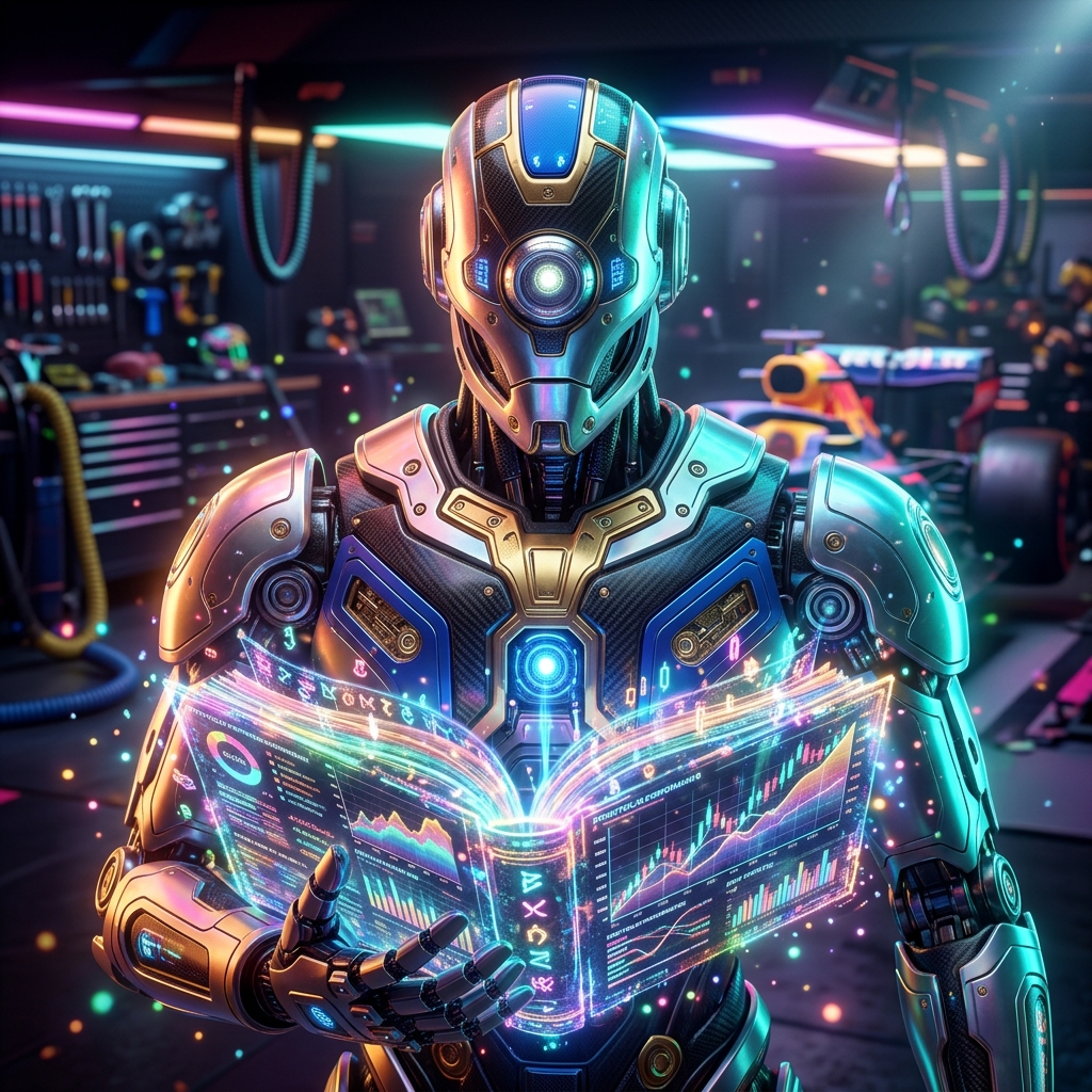 OptimaFlow — Financial Strategy Terminal — Investment & Market Insights category hero — sci-fi wizard robot with a floating spellbook of holographic glyphs and light particles in Formula-1 style pit garage with saturated color lighting and mechanical detail