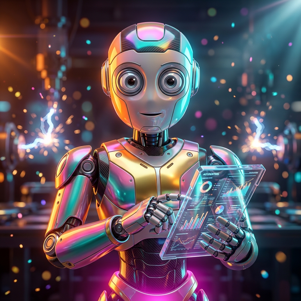 ORBITALOPS — ERP Mission Control Cockpit — Accounting category hero — friendly Pixar-quality mascot robot with big expressive optical eyes, holding an object that represents the category in magnetic-levitation factory floor with sparking arcs of electricity and machinery