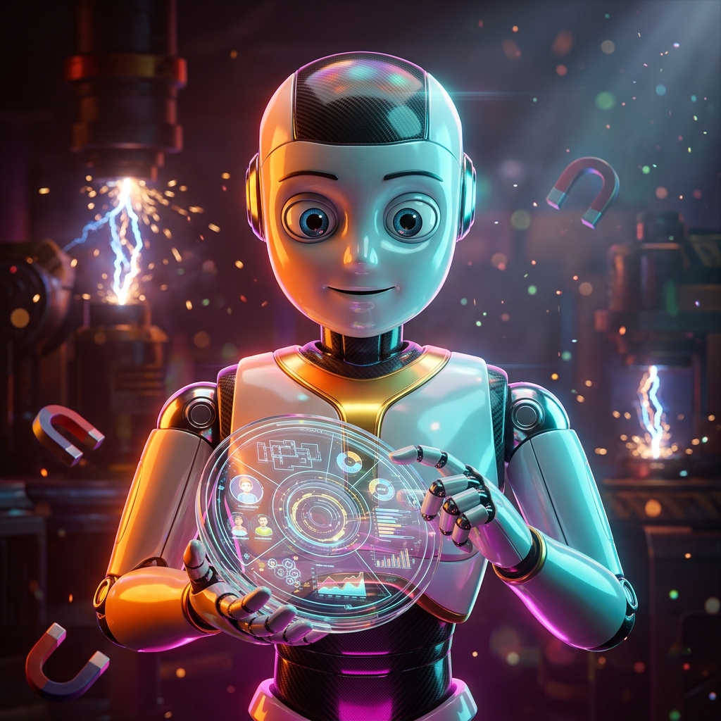 OrbitDesk Command — School Administration Mission Control — Education category hero — friendly Pixar-quality mascot robot with big expressive optical eyes, holding an object that represents the category in magnetic-levitation factory floor with sparking arcs of electricity and machinery