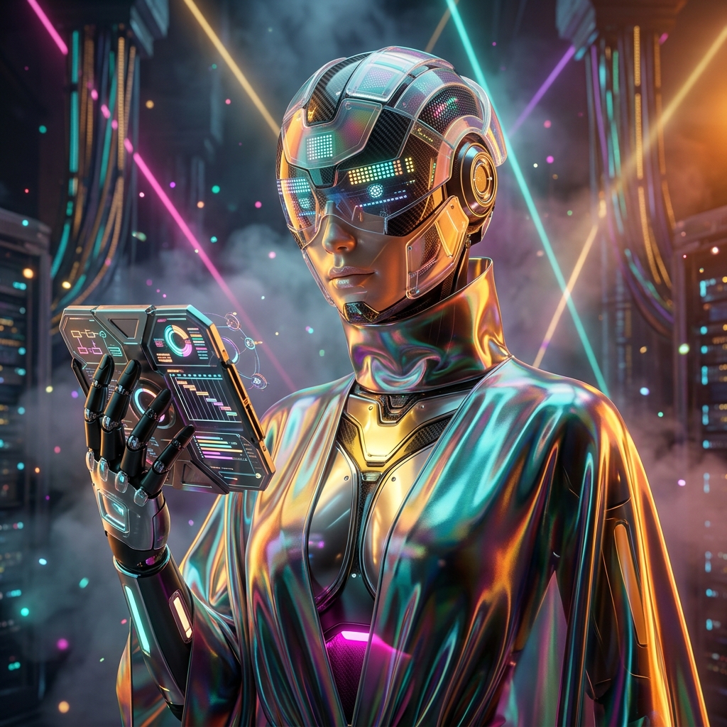 OrbitForge — Creative Mission Command — Project Management category hero — elegant fashion-forward android in flowing reflective couture fabric, editorial pose in underground rave-like data cathedral with laser beams cutting through smoke