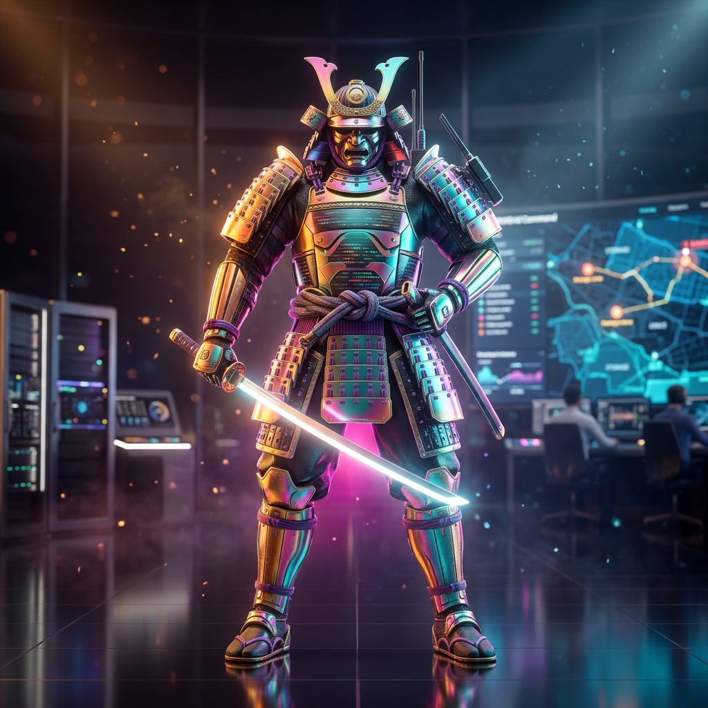 OrbitGrid Command — Cloud Storage Field Operations — Cloud Storage category hero — majestic samurai-styled mech in lacquered armor with neon under-glow, katana of light in hand in chrome-and-glass showroom with mirrored floor and rim-lit product staging