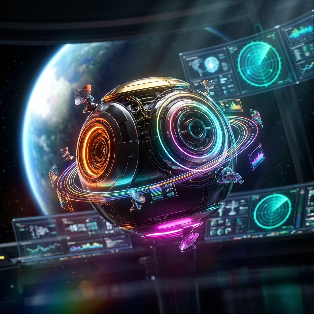 OrbitGrid Ops — Mission Control Cockpit — AI Tools category hero — floating spherical AI orb with concentric glowing rings and orbiting holographic icons around it in orbital space station observation deck with a planet glowing outside the panoramic window