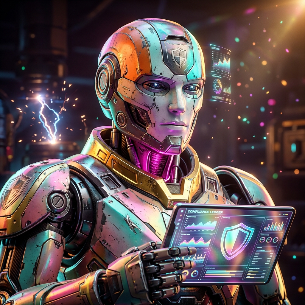 OrbitGrid — Streaming Game Compliance Ledger — Streaming Games category hero — war-worn but heroic mech pilot robot with painted panels, weathered detail, cinematic hero lighting in magnetic-levitation factory floor with sparking arcs of electricity and machinery