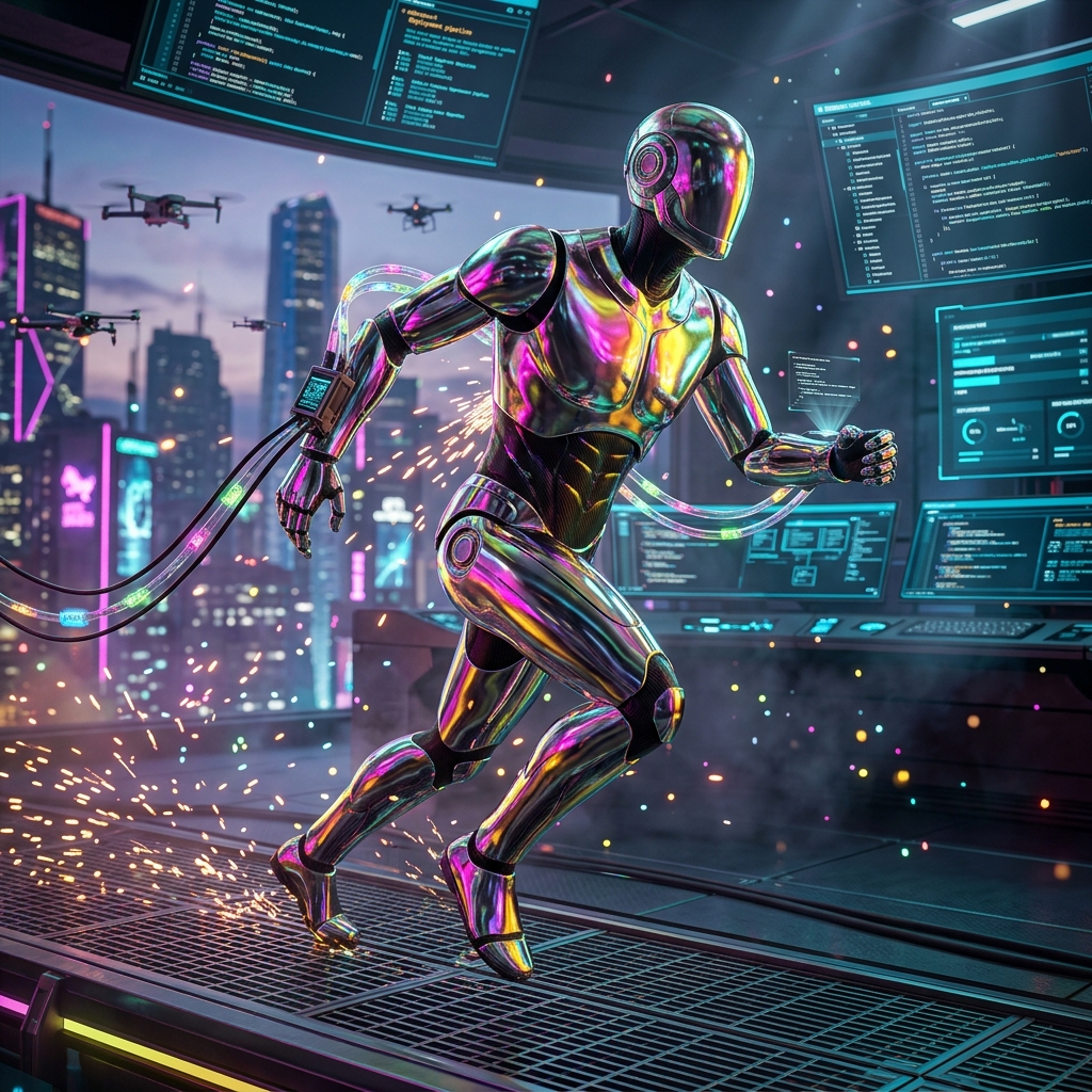 OrbitOps Mission Control — Codebase Telemetry & Delivery Command — DevOps category hero — chrome-plated bipedal android caught mid-motion, sparks and light particles trailing around it in rooftop overlooking a neon megacity skyline at dusk, drones flying in the distance