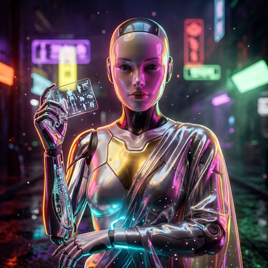 OrthoCase Command | Mission Control for Orthopedic Surgeons β Medical Services category hero β elegant fashion-forward android in flowing reflective couture fabric, editorial pose in neon-lit cyberpunk street at night, wet pavement reflections, hovering holograms in the background