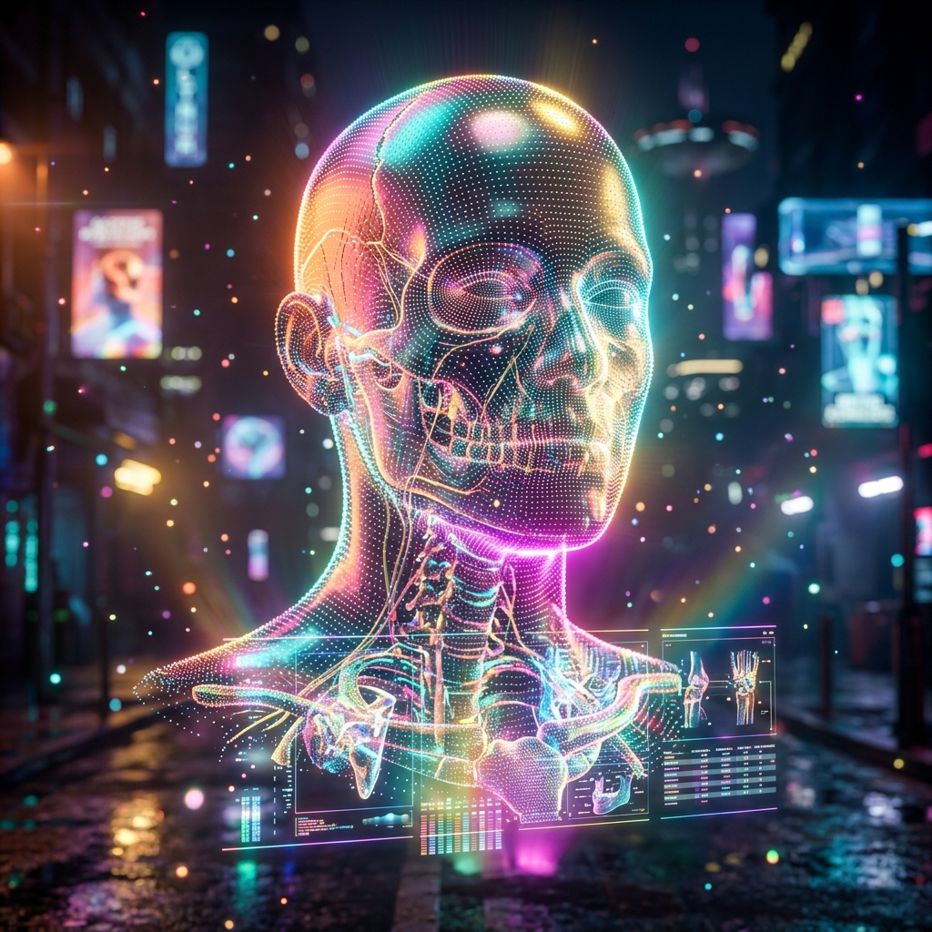 OrthoCase Command — Precision Orthopedic Case Ledger — 3D Modeling category hero — wireframe holographic human head made of glowing data points, floating in the frame center in neon-lit cyberpunk street at night, wet pavement reflections, hovering holograms in the background