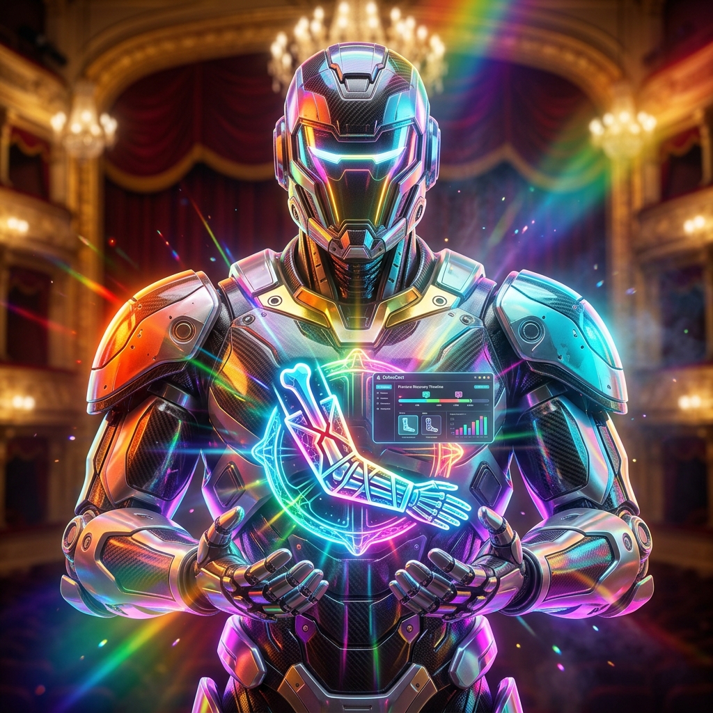 OrthoCast — Fracture Recovery Planner — Digital Health category hero — heavily armored guardian robot holding a symbolic emblem of the category with both hands in golden-lit theater interior with heavy velvet curtains and cinematic chandeliers