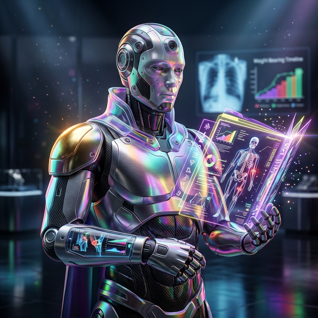 OsseoPlan — Orthopedic Fracture Recovery Planner — Digital Health category hero — sci-fi wizard robot with a floating spellbook of holographic glyphs and light particles in chrome-and-glass showroom with mirrored floor and rim-lit product staging