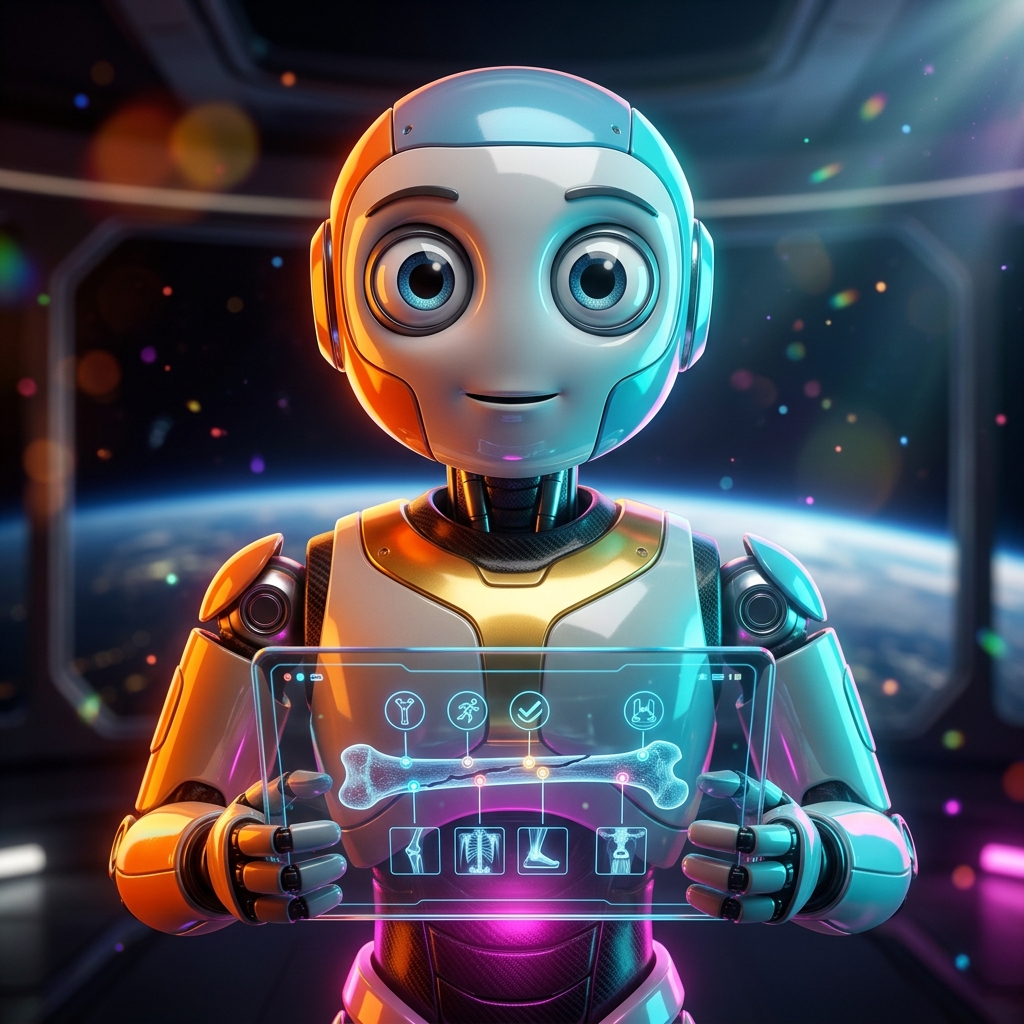 OsteoPilot — Fracture Recovery Mission Control — Digital Health category hero — friendly Pixar-quality mascot robot with big expressive optical eyes, holding an object that represents the category in orbital space station observation deck with a planet glowing outside the panoramic window
