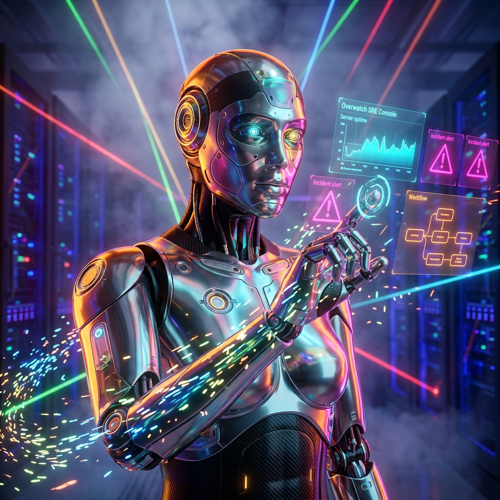 Overwatch SRE Console | ForgeOps — Tutorials category hero — chrome-plated bipedal android caught mid-motion, sparks and light particles trailing around it in underground rave-like data cathedral with laser beams cutting through smoke