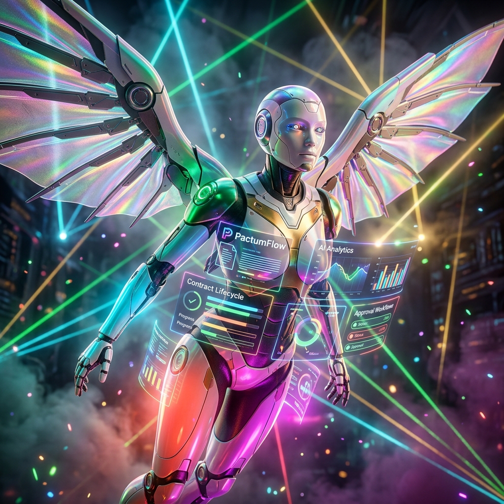 PactumFlow — Contract Lifecycle Command — Document Management category hero — courier-style android with iridescent wings unfurled, mid-flight silhouette against the environment in underground rave-like data cathedral with laser beams cutting through smoke