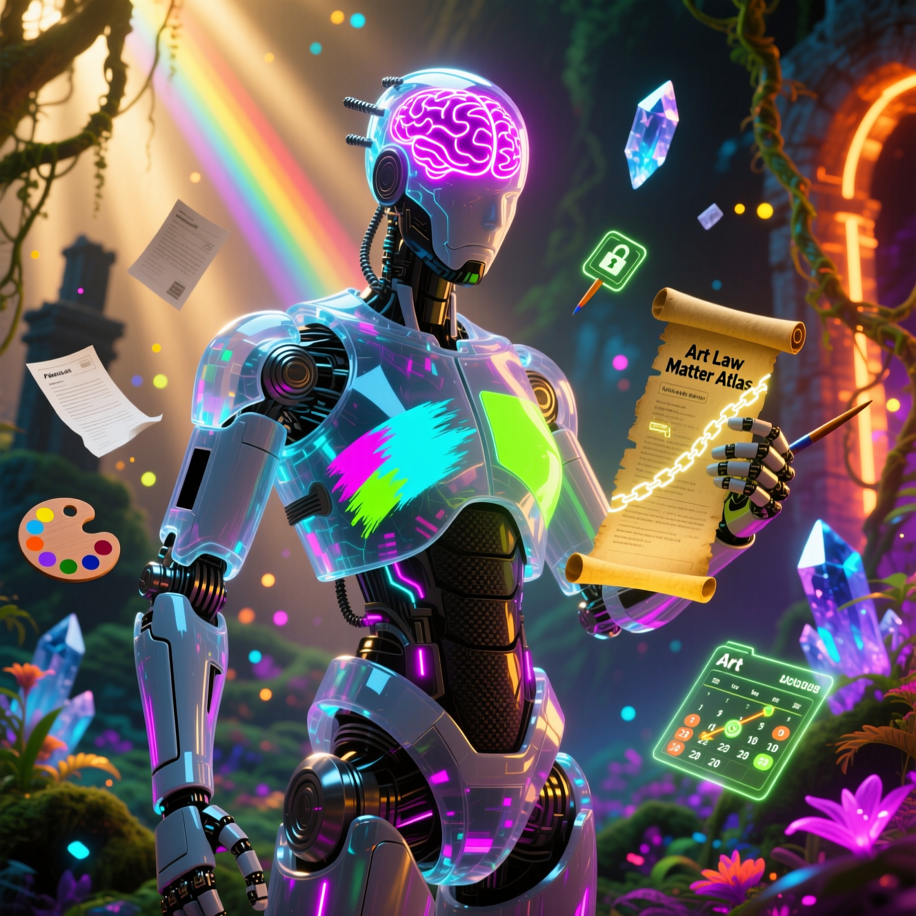 PaletteJuris — Art Law Matter Atlas — Art category hero — translucent glass humanoid figure with a glowing neural-network brain visible inside its head in alien jungle biome with glowing flora and floating tech artifacts