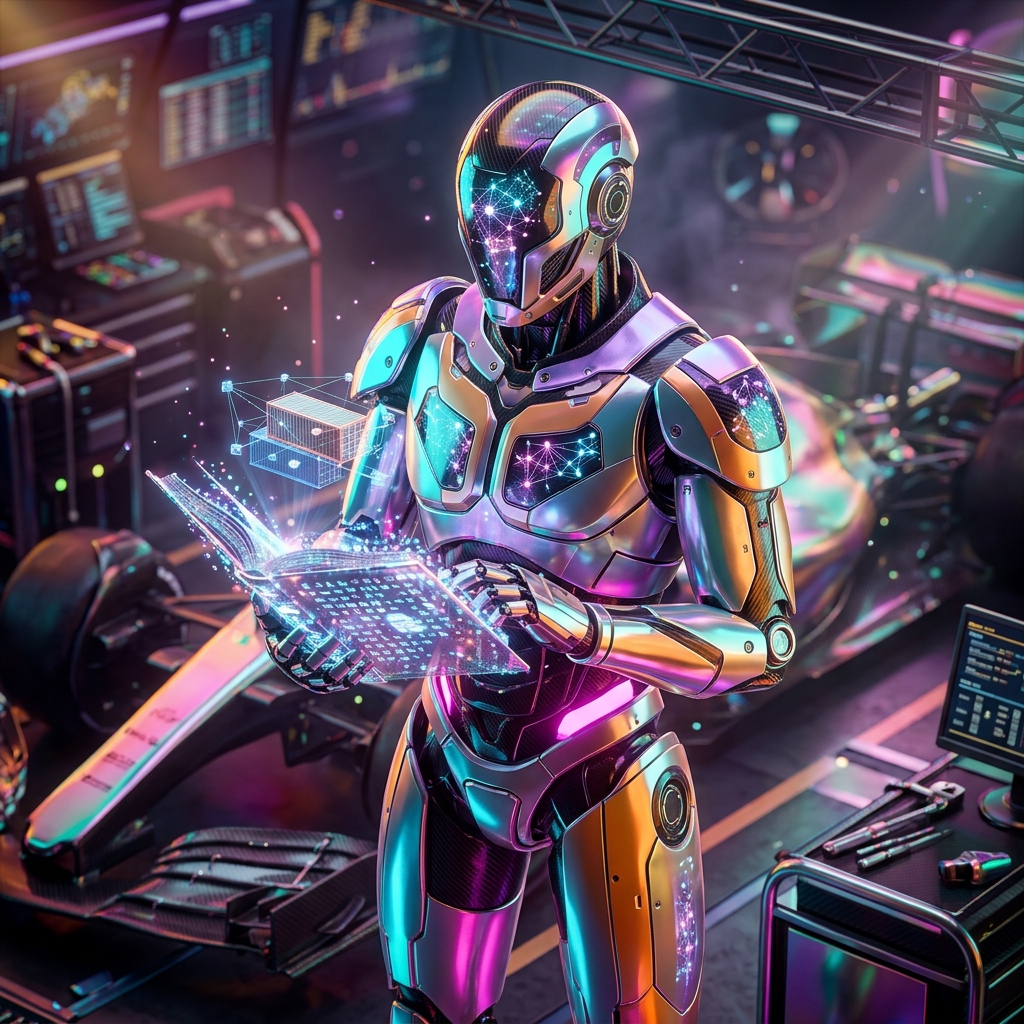 PalletOps — Supply Chain Neural Board — Shipping & Logistics category hero — sci-fi wizard robot with a floating spellbook of holographic glyphs and light particles in Formula-1 style pit garage with saturated color lighting and mechanical detail